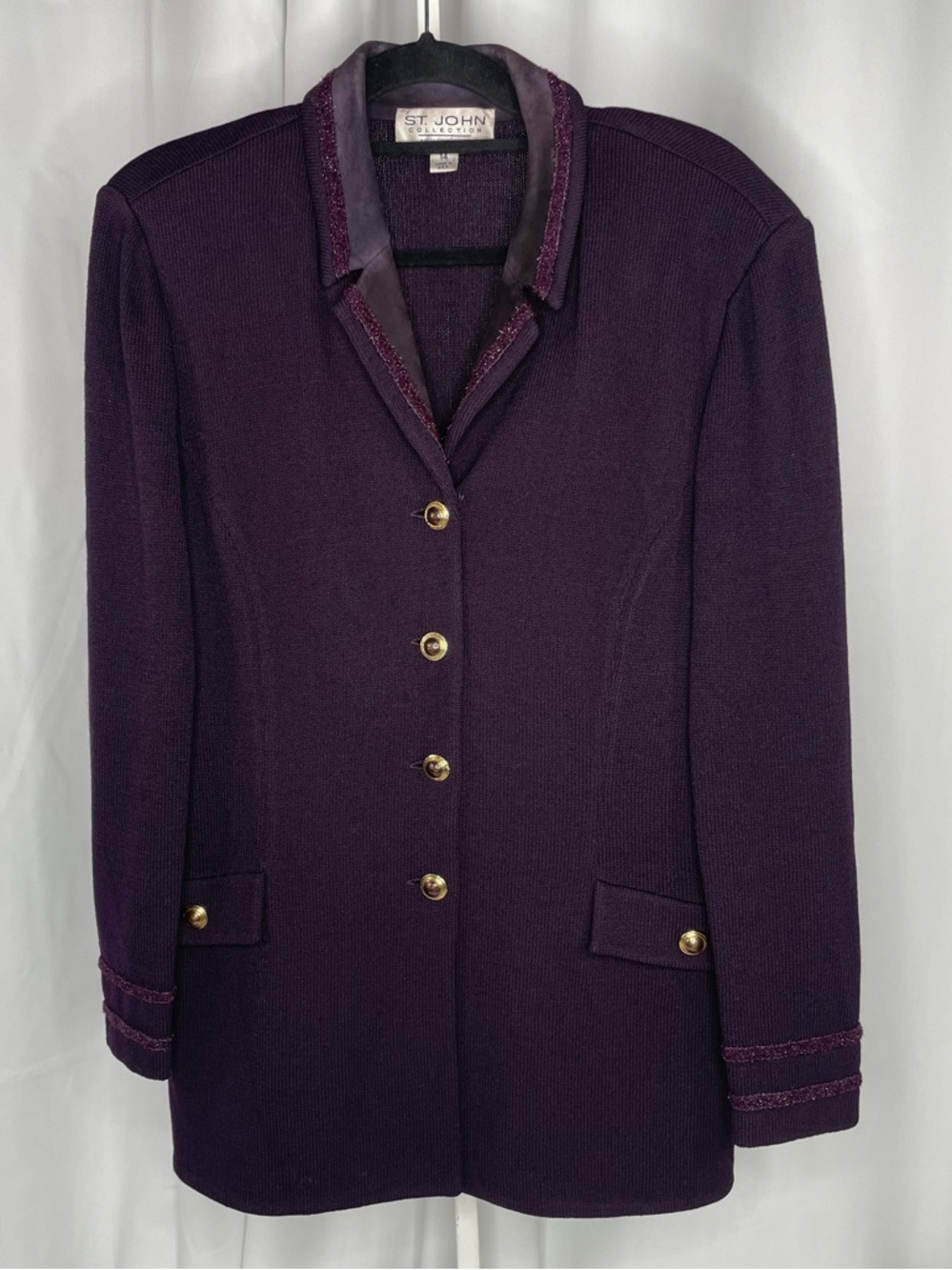 St John Collection Santana Knit Blazer 14 Purple Gold Button Vintage USA Career